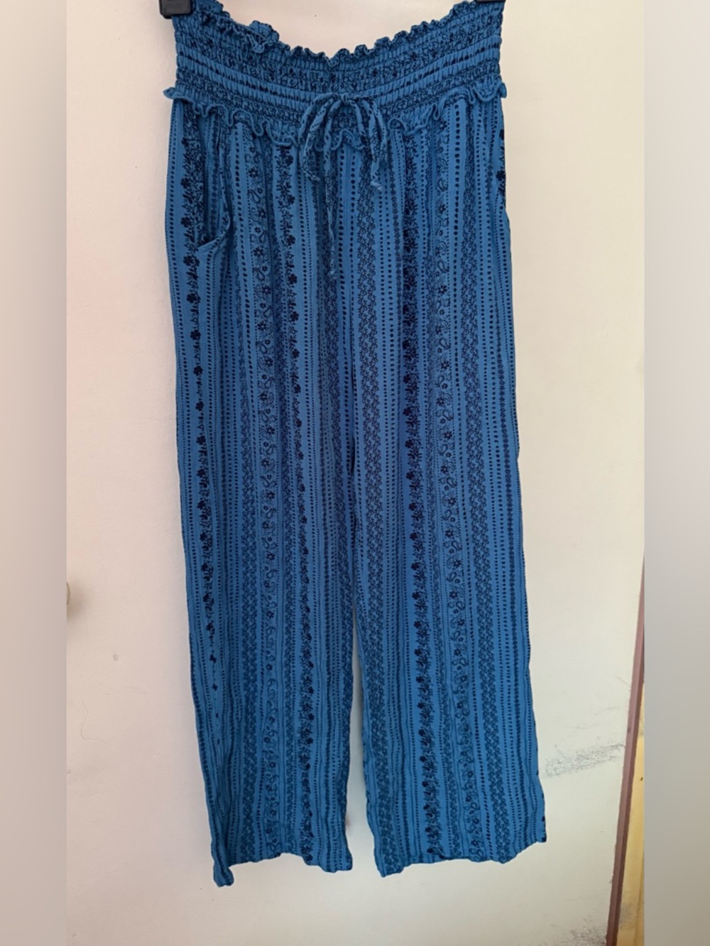 Boho Blue Smocked Waist Wide-Leg Pants